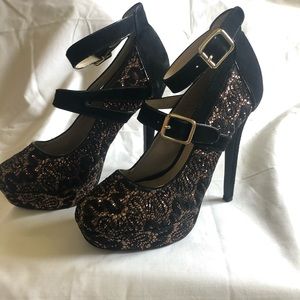 Black/gold suede heels